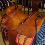 Trainer - latigo, dark straight-back, bags, star conchos, pouch, corner bskt wv, sswirl w scallop border, leathers out