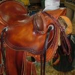 Wade - mule hide, bucking rolls, floral conchos, barbed wire w channels